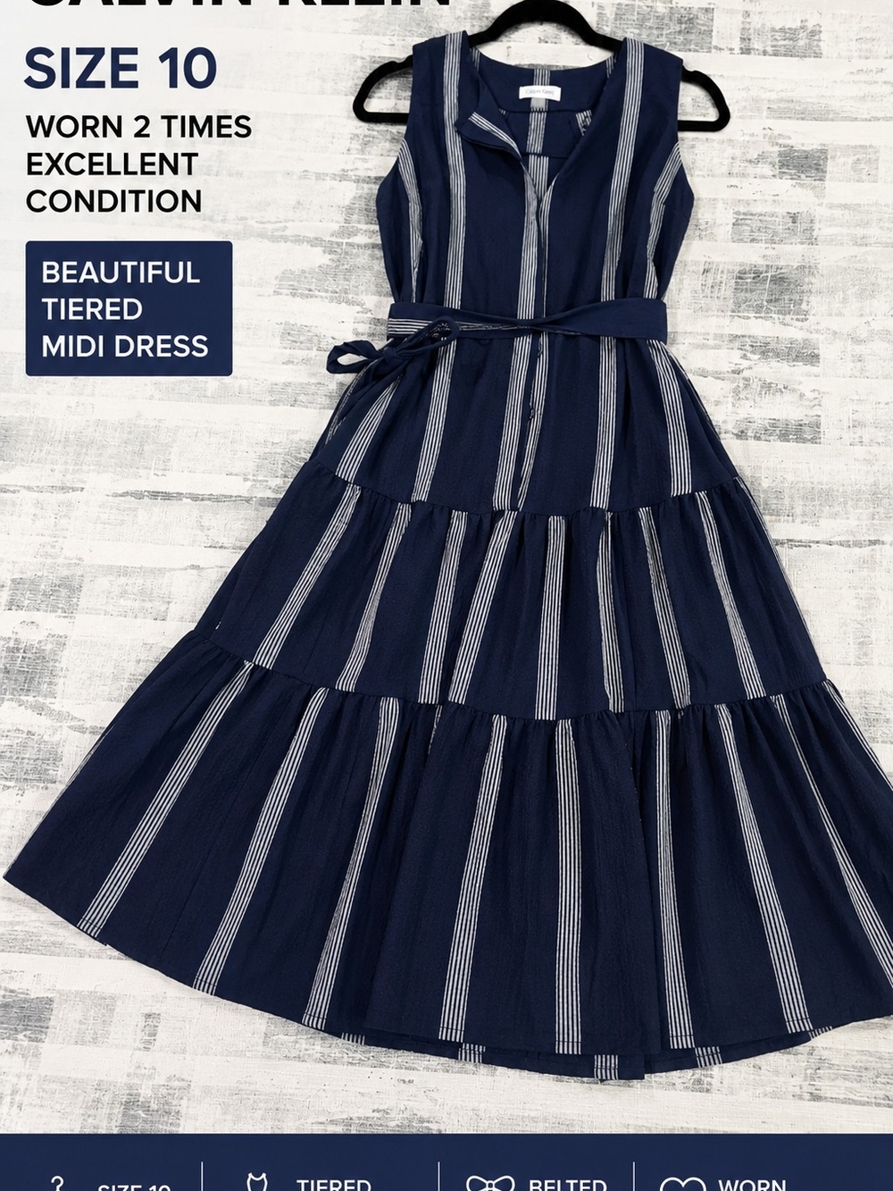 Calvin Klein Navy and White Striped Tiered Midi Dress for Kids